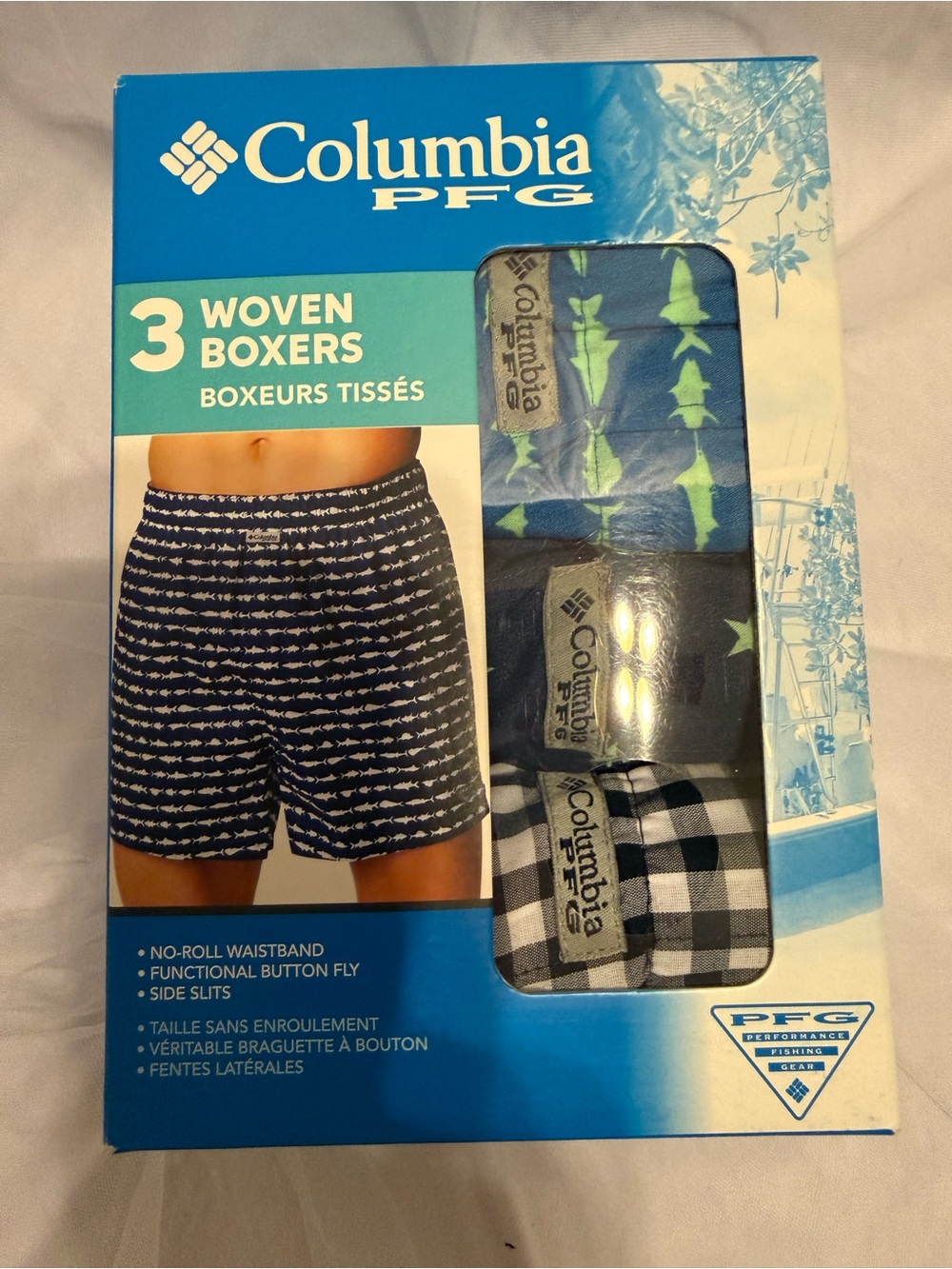 NEW Columbia PFG Men’s 3-Pack Woven Boxers - Navy, Blue, Green XLarge